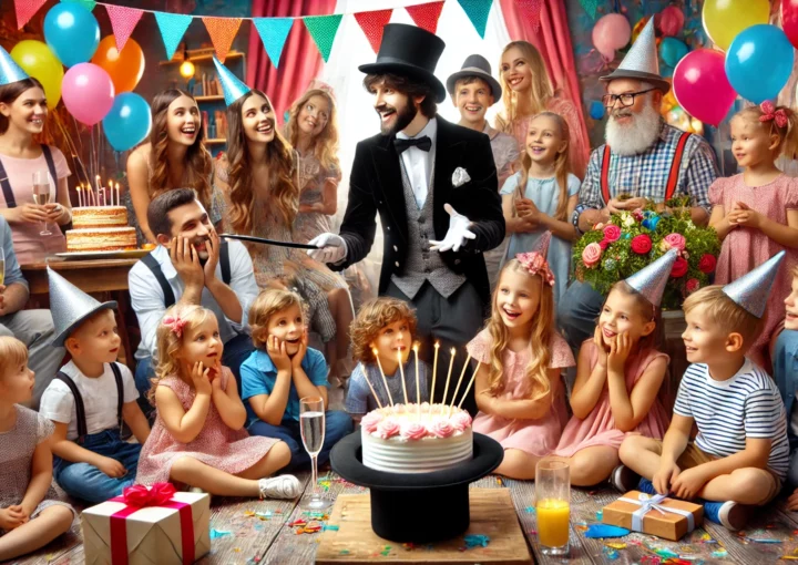 un magicien fait des tours de magie pendant un anniversaire avec des enfants et des adultes.